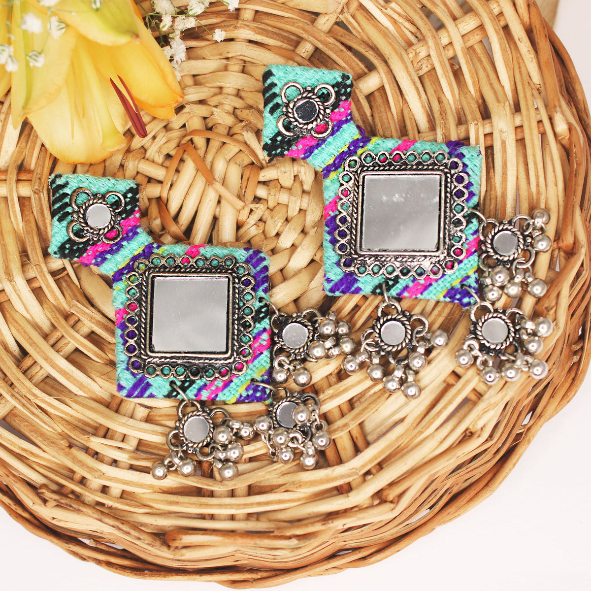 Hastkalakari Handmade Sea-Green Mirror Work Fabric Earrings With Silver Motifs For Women
