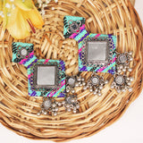 Hastkalakari Handmade Sea-Green Mirror Work Fabric Earrings With Silver Motifs For Women