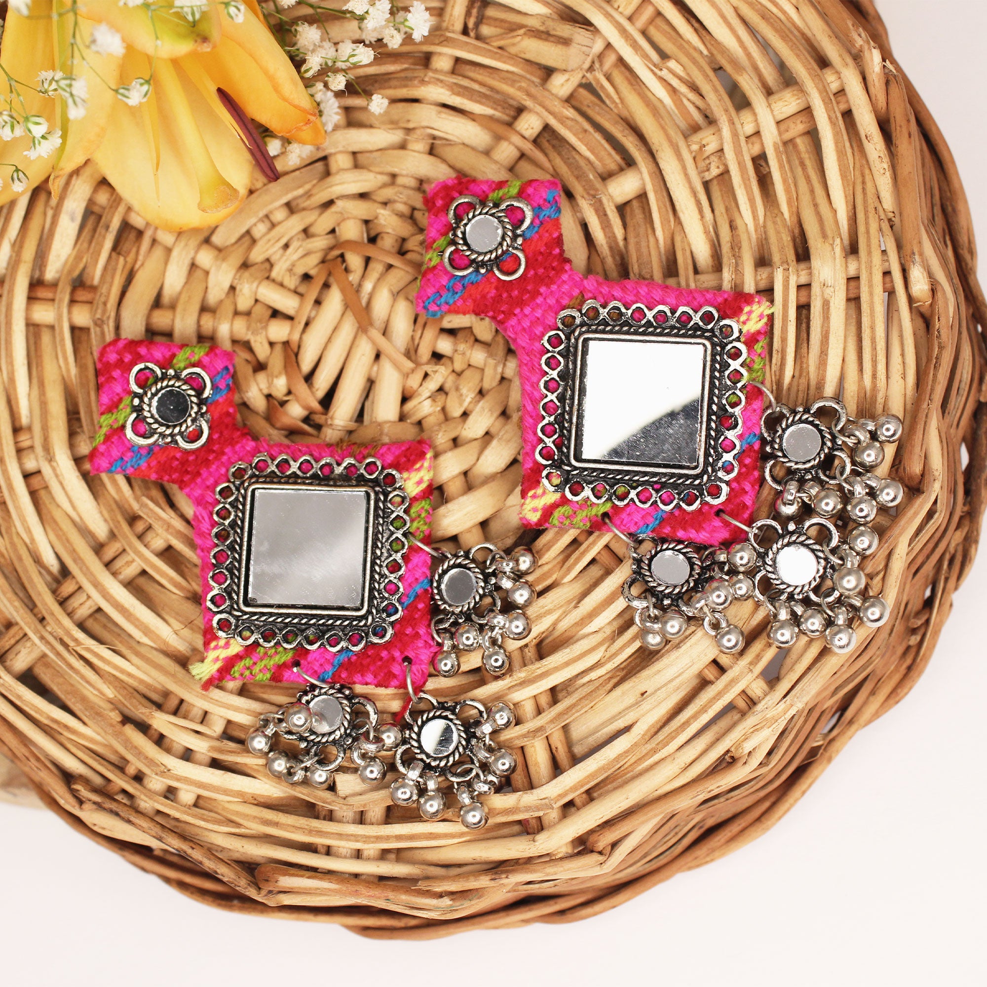 Handmade Pink Mirror Work Fabric Earrings With Silver Motifs For Women