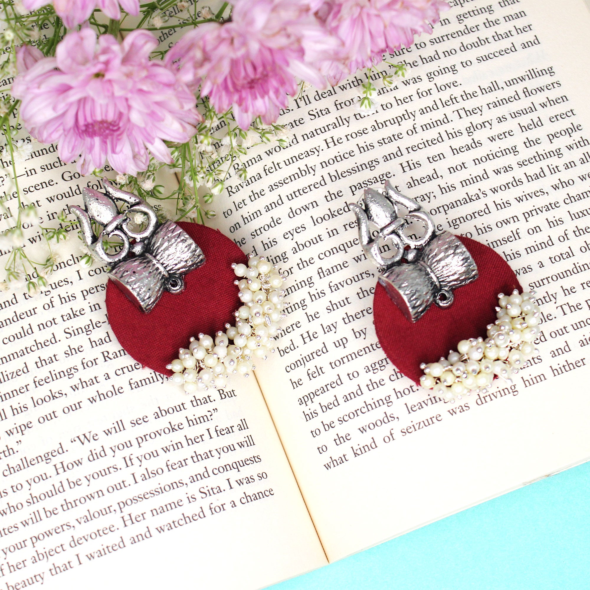 Haskalakari Handmade Silver Trishul Design Maroon Fabric Earrings With Pearls For Women