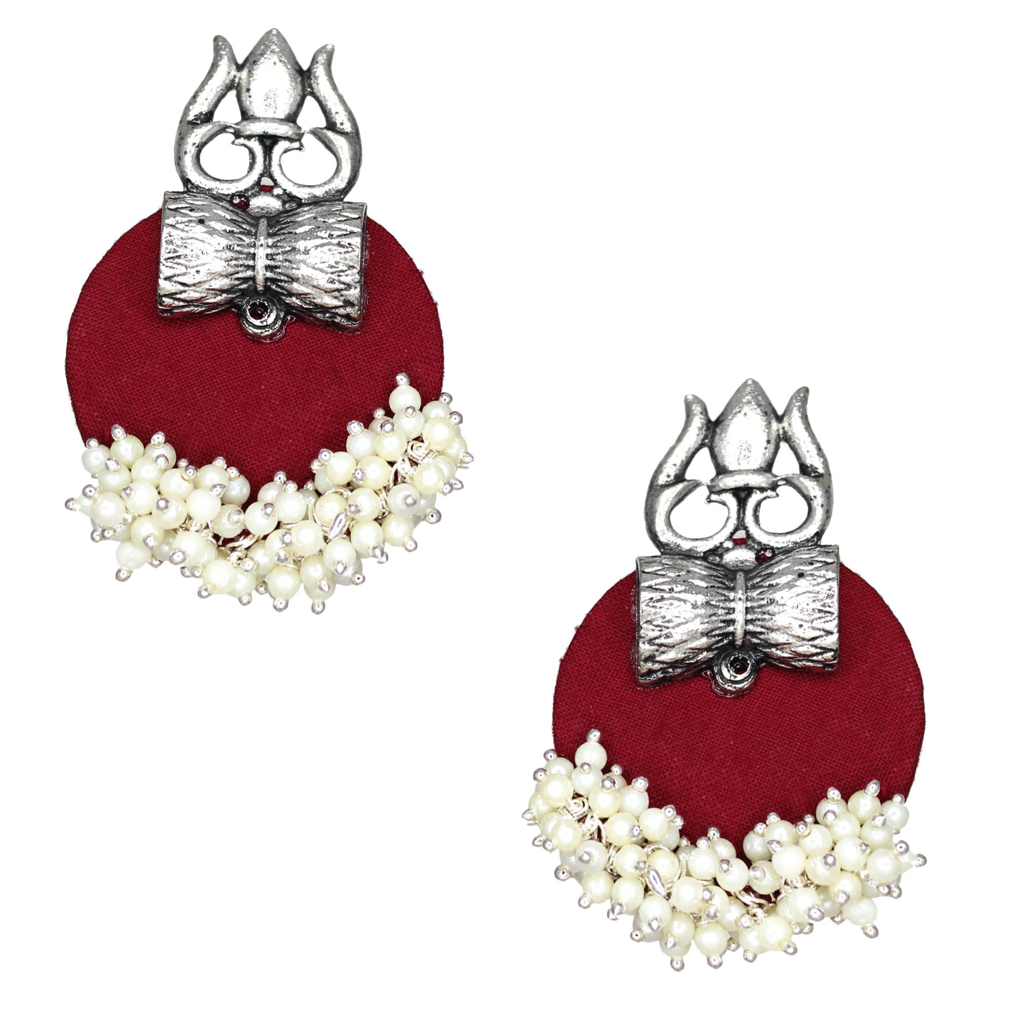 Haskalakari Handmade Silver Trishul Design Maroon Fabric Earrings With Pearls For Women