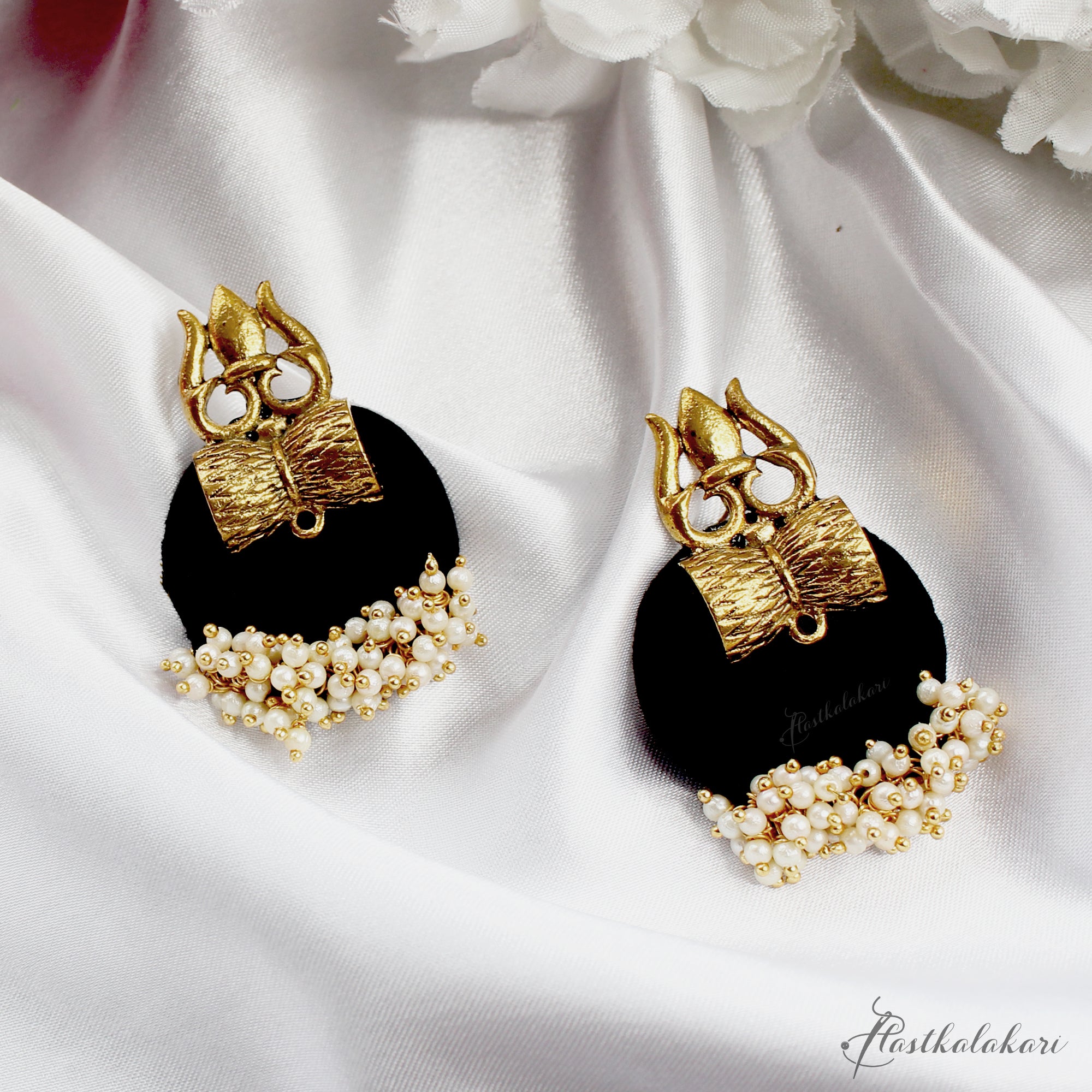 Hastkalakari Handmade Golden Trishul Design Black Fabric Earrings With Pearls For Women