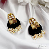 Hastkalakari Handmade Golden Trishul Design Black Fabric Earrings With Pearls For Women