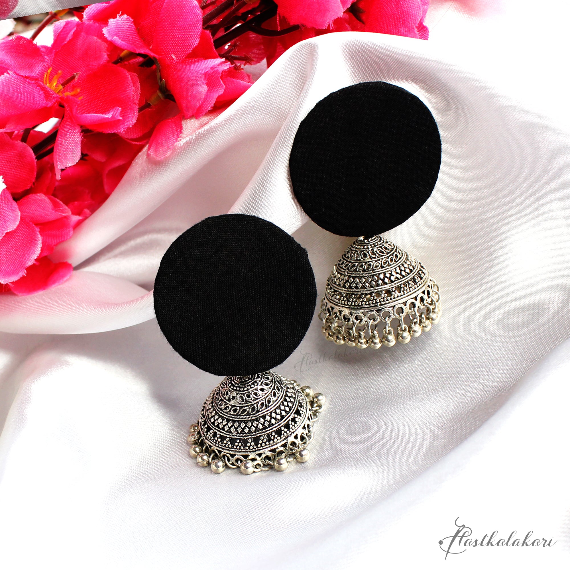 Hastkalakari Handmade Silver Antique Black Fabric Jhumka Earrings For Women