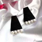 Hastkalakari Handmade Elegant Geometrical Black Fabric Stud Earrings With Pearl For Women