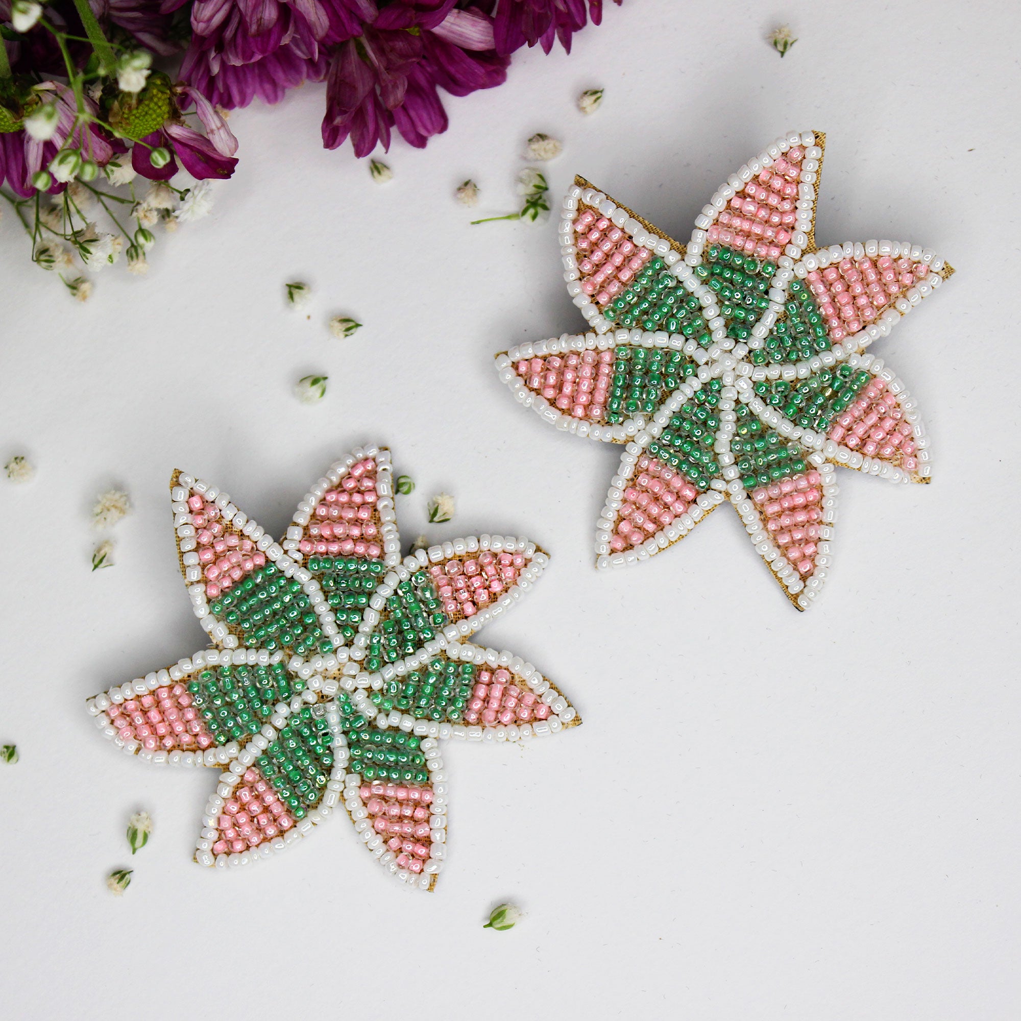 Hastkalakari Handmade Trendy Star Shape Beaded Pink-Green Stud Earrings For Women
