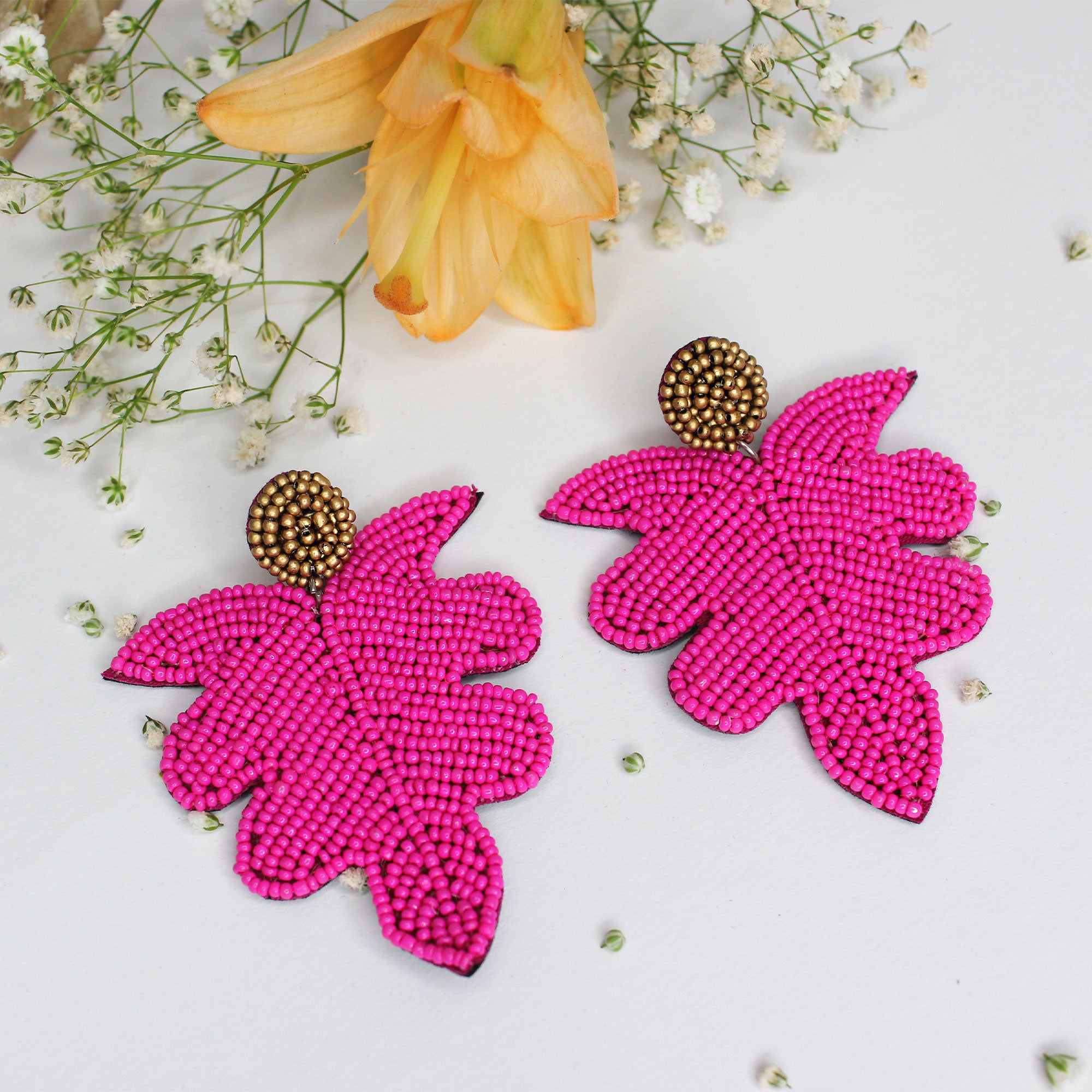 Hastkalakari Handcrafted Minimal Pink Leaf Design Beaded Dangler Earrings For Women