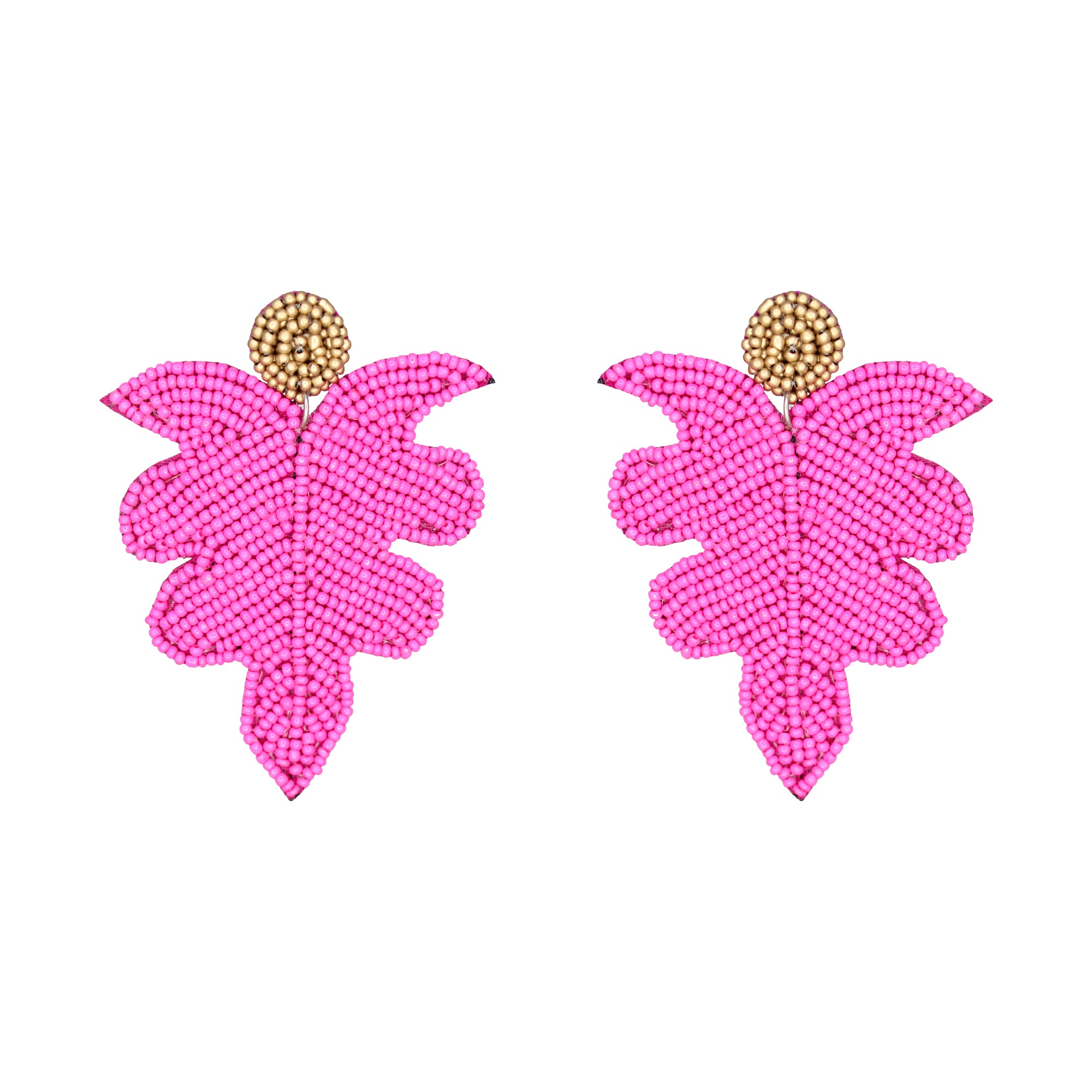 Hastkalakari Handcrafted Minimal Pink Leaf Design Beaded Dangler Earrings For Women