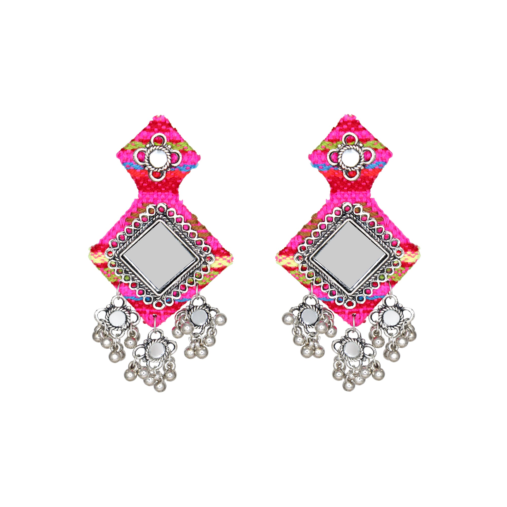 Handmade Pink Mirror Work Fabric Earrings With Silver Motifs For Women