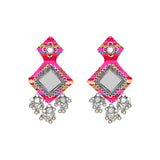 Handmade Pink Mirror Work Fabric Earrings With Silver Motifs For Women