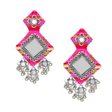 Handmade Pink Mirror Work Fabric Earrings With Silver Motifs For Women