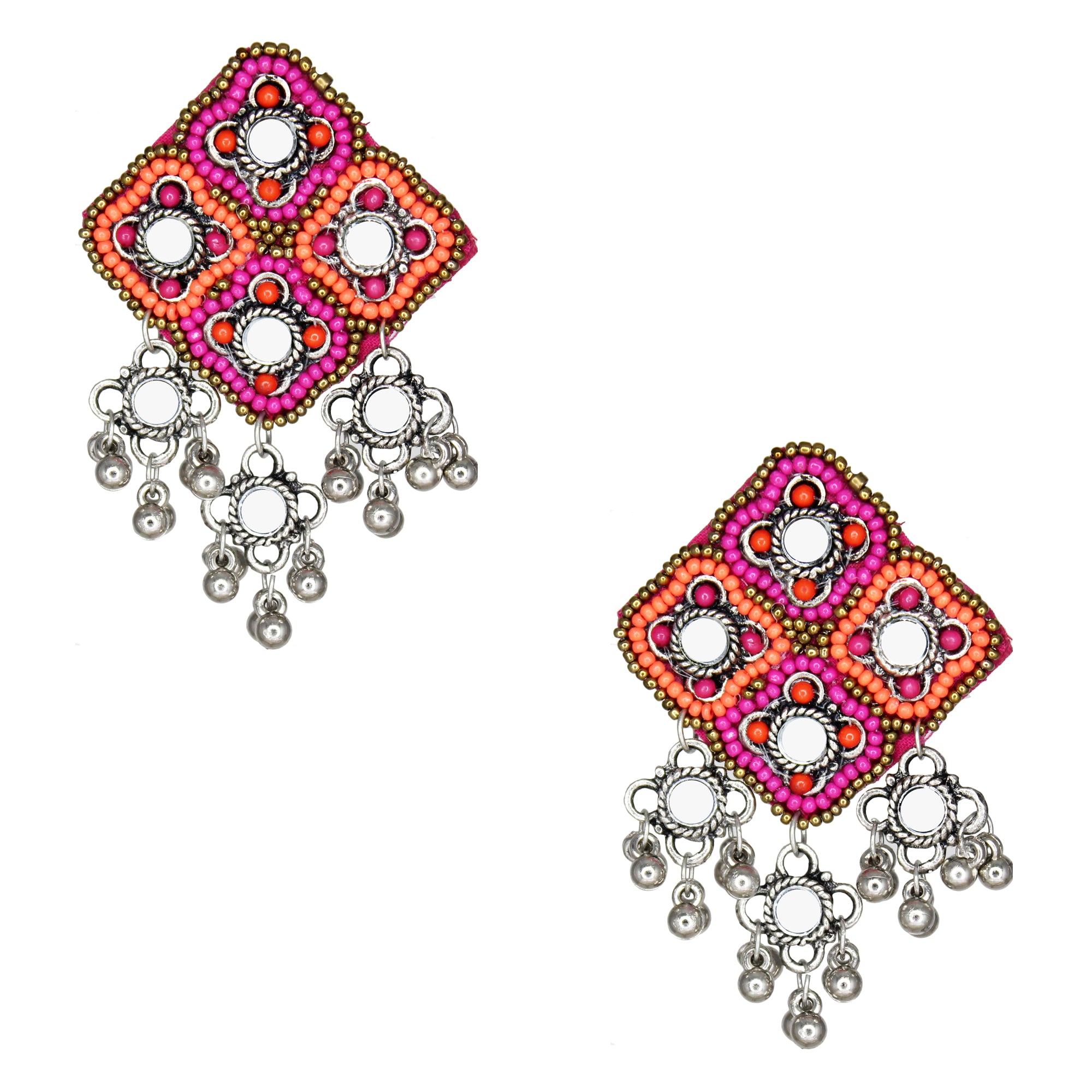 Hastkalakari Handmade Beaded Pink-Orange Diamond Shape Mirror Earrings For Women