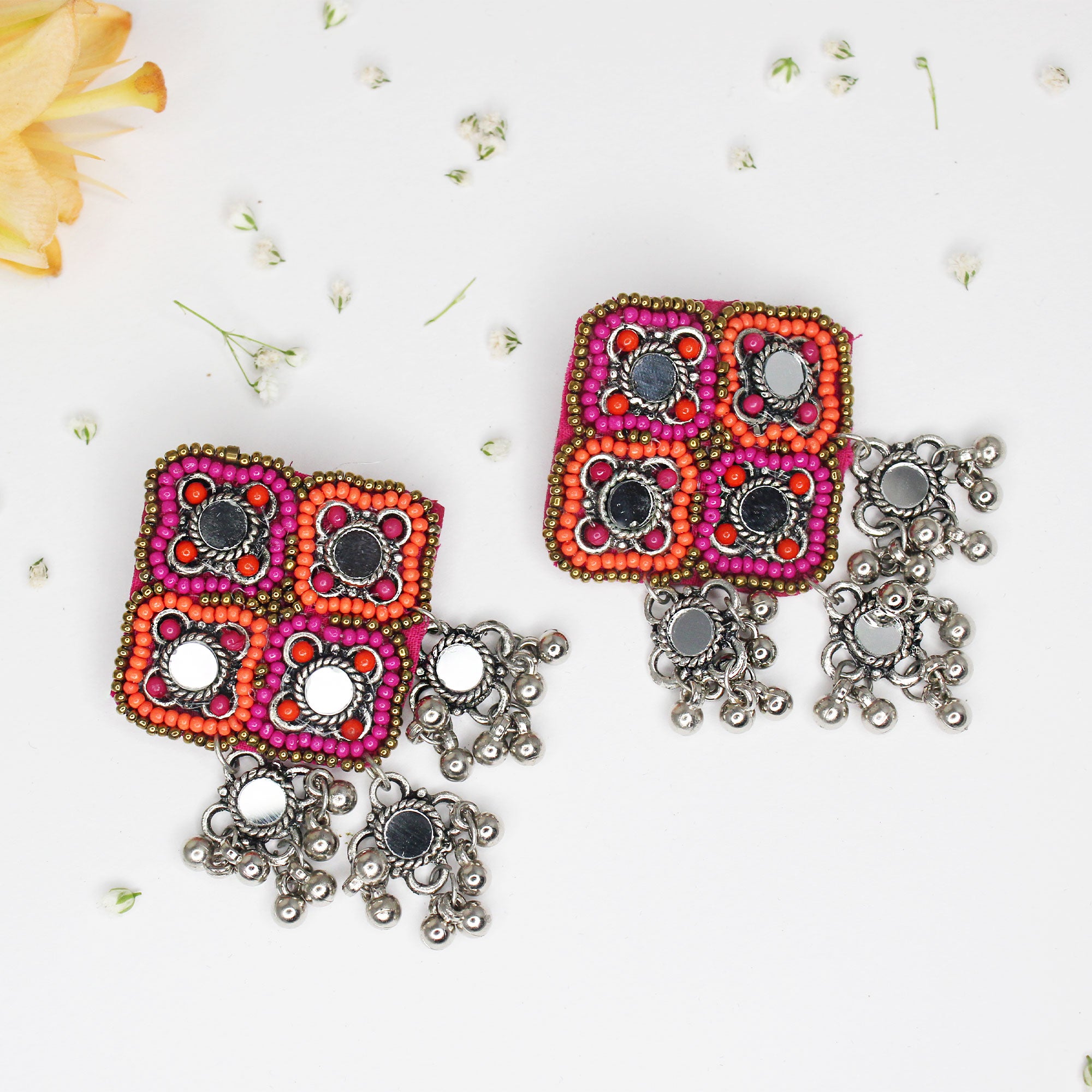 Hastkalakari Handmade Beaded Pink-Orange Diamond Shape Mirror Earrings For Women
