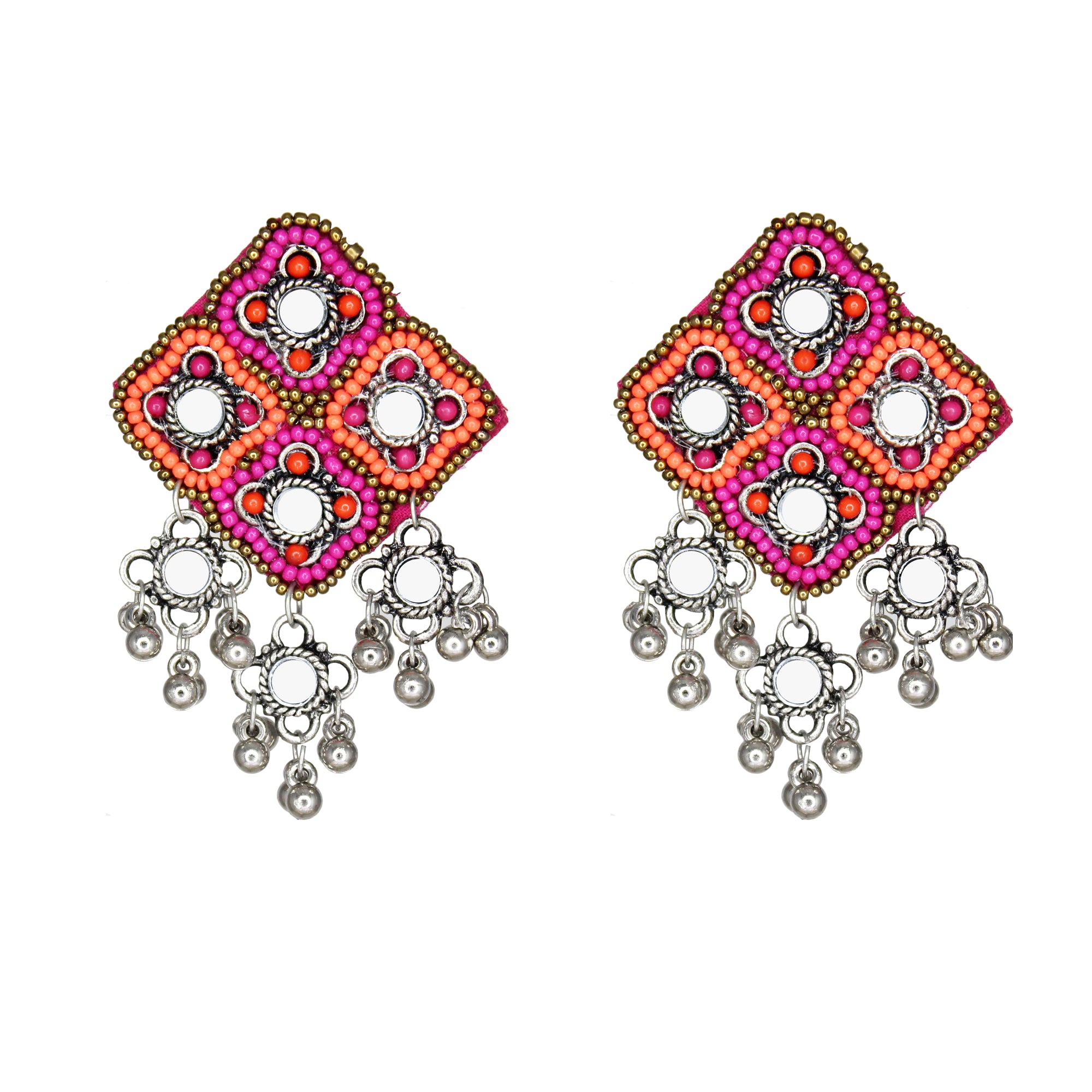 Hastkalakari Handmade Beaded Pink-Orange Diamond Shape Mirror Earrings For Women