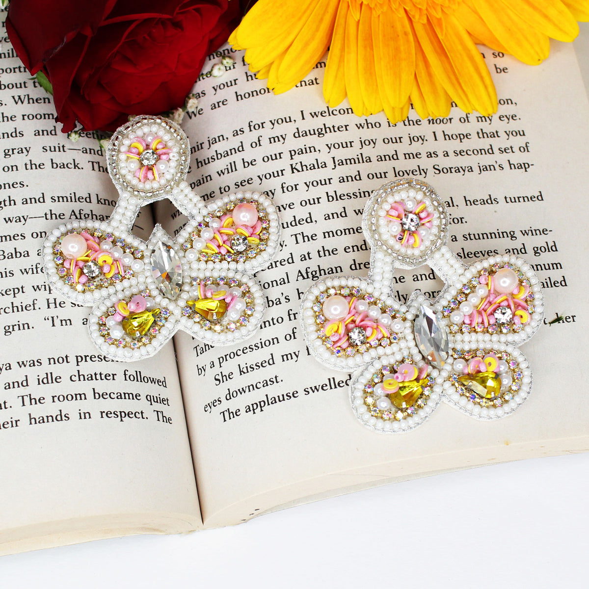 Hastkalakari Handmade Exclusive White-Pink Butterfly Beaded Dangler Earrings For Women