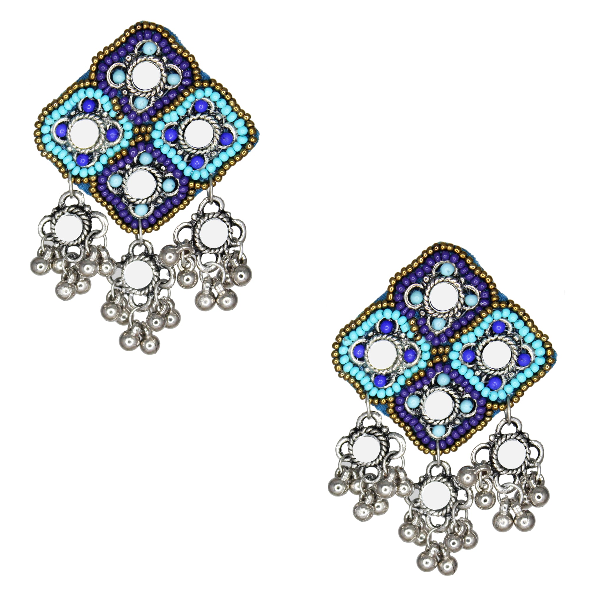 Hastkalakari Handmade Beaded Blue Diamond Shape Mirror Earrings For Women