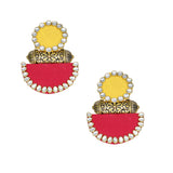 Hastkalakari Handmade Ethnic Yellow-Red Fabric Dangler Earrings With Kundan Stones For Women