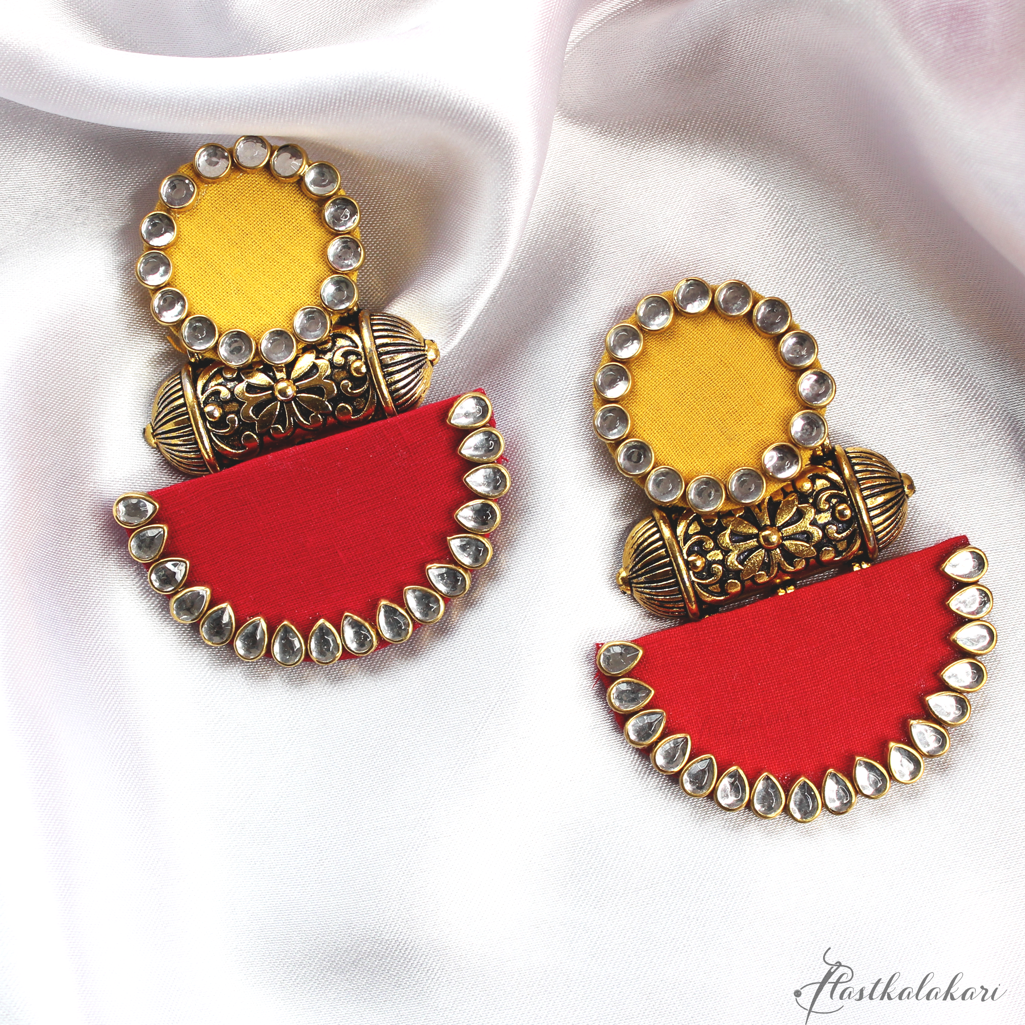 Hastkalakari Handmade Ethnic Yellow-Red Fabric Dangler Earrings With Kundan Stones For Women