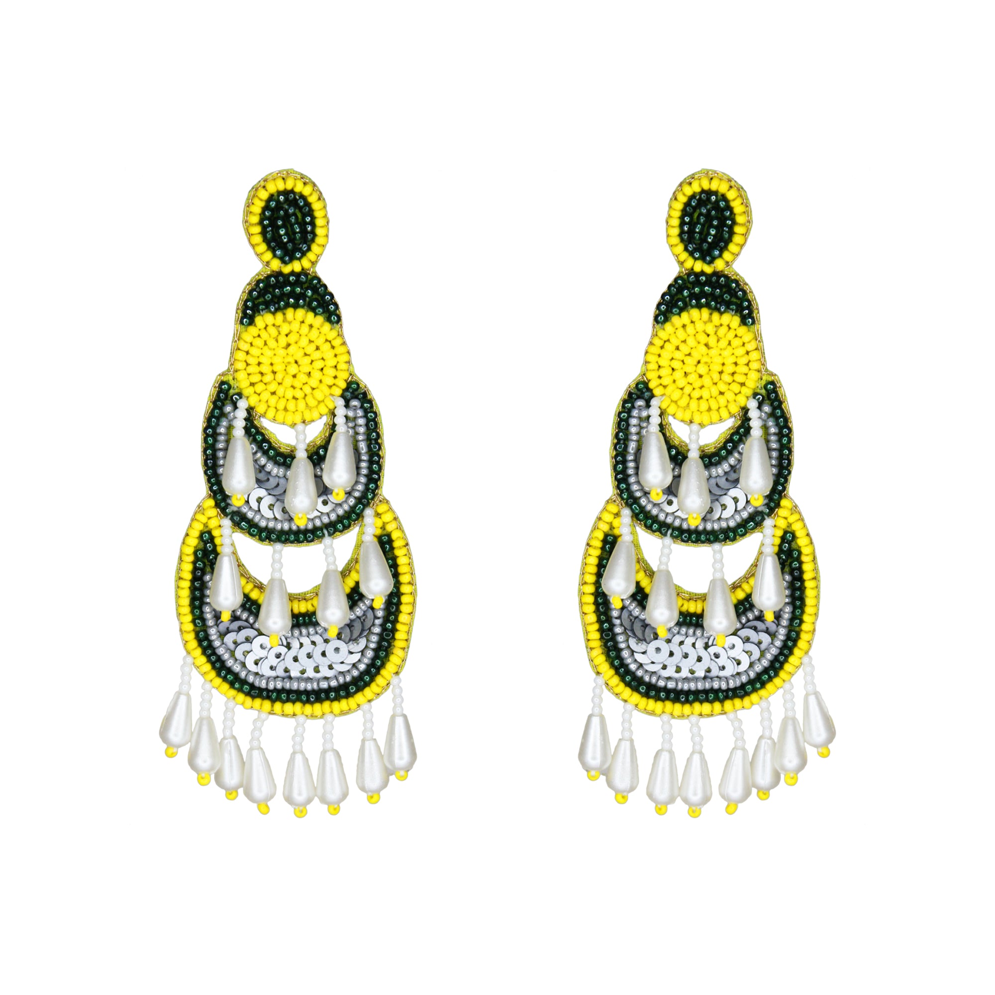 Hastkalakari Handcrafted Trendy Green-yellow Beaded Dangler Earrings For Women