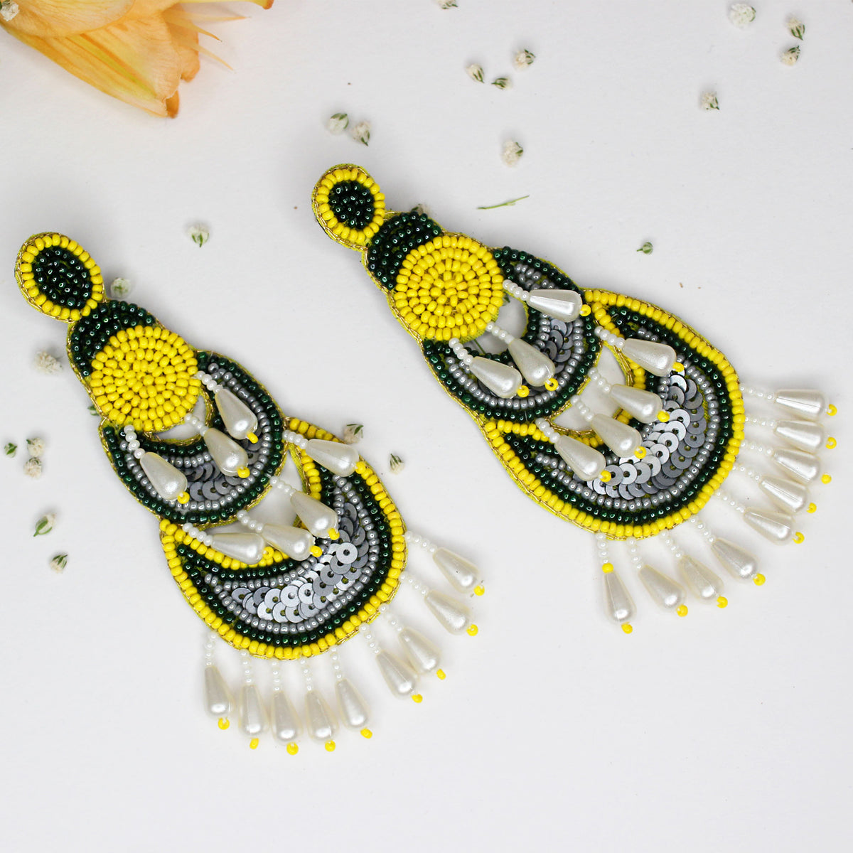 Hastkalakari Handcrafted Trendy Green-yellow Beaded Dangler Earrings For Women