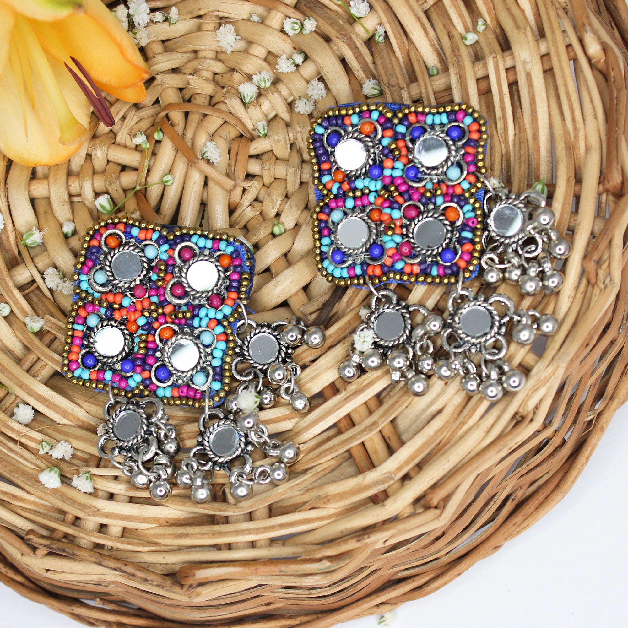 Hastkalakari Handmade Beaded Multi Diamond Shape Mirror Earrings For Women