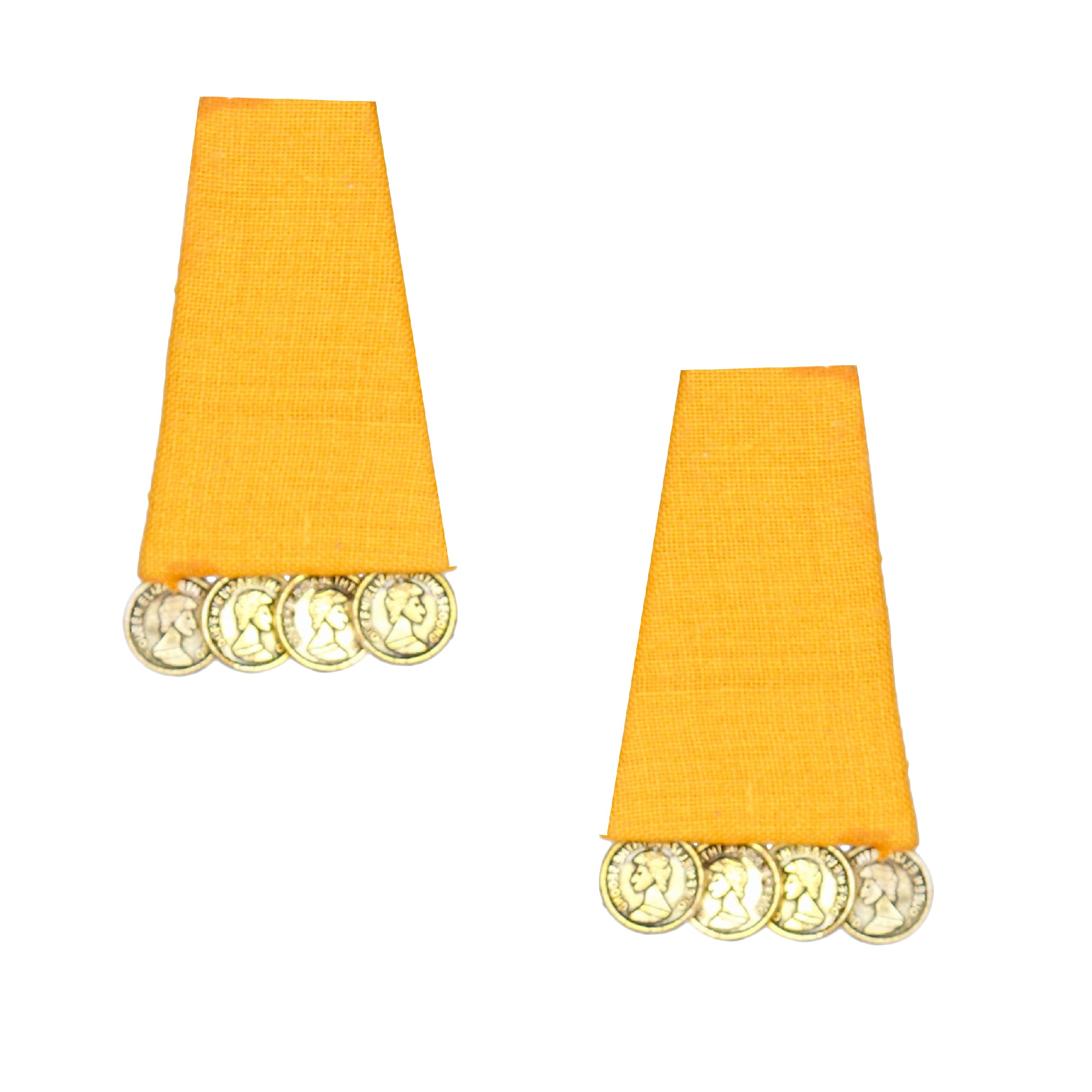 Hastkalakari Handmade Elegant Geometrical Yellow Fabric Stud Earrings With Antique Golden Coins For Women