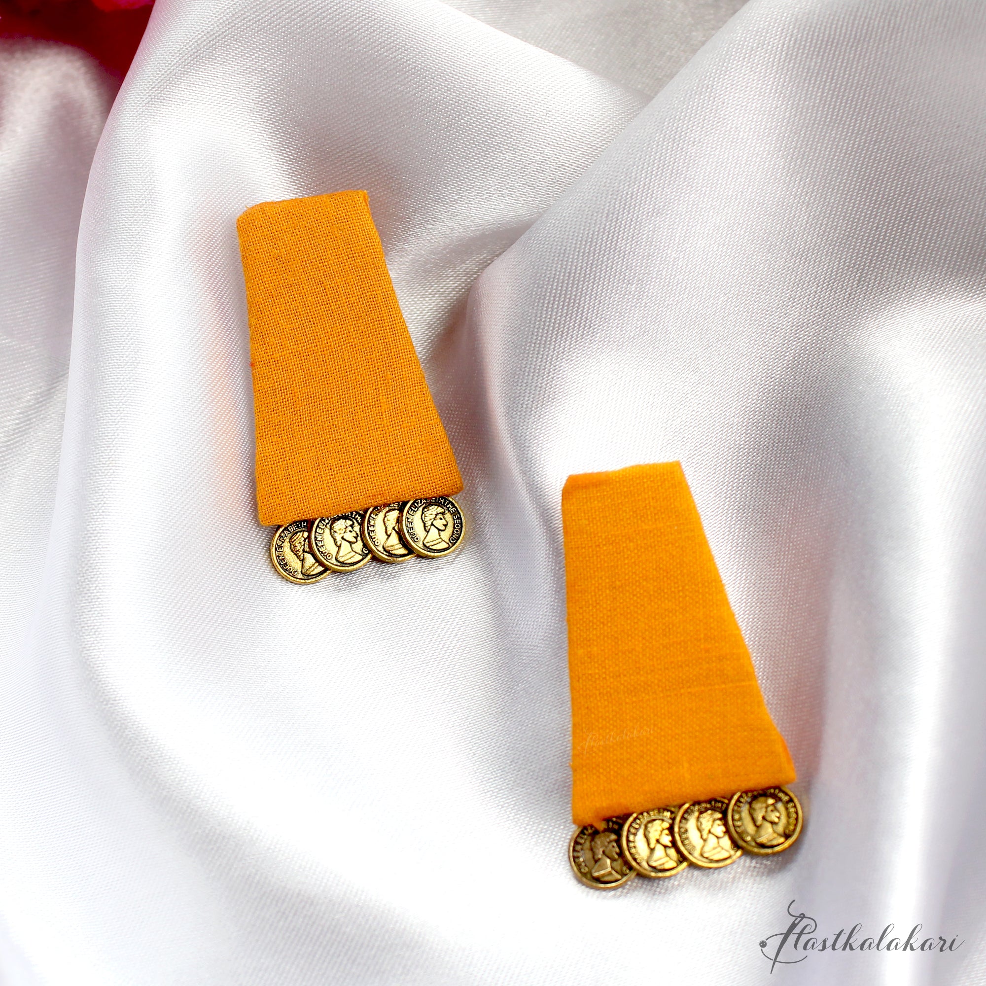 Hastkalakari Handmade Elegant Geometrical Yellow Fabric Stud Earrings With Antique Golden Coins For Women