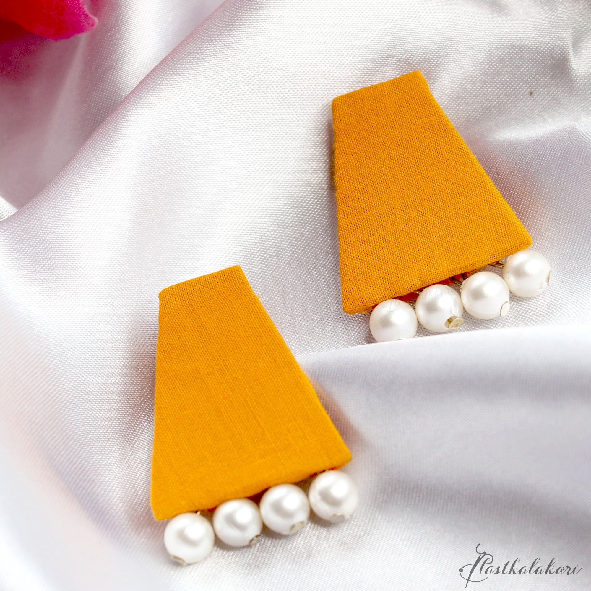 Hastkalakari Handmade Elegant Geometrical Yellow Fabric Stud Earrings With Pearl For Women