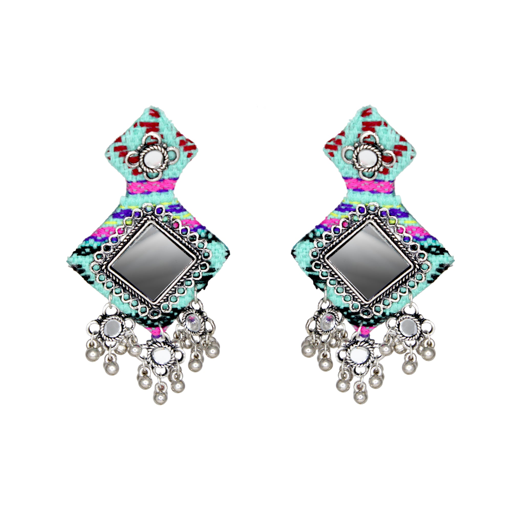 Hastkalakari Handmade Sea-Green Mirror Work Fabric Earrings With Silver Motifs For Women