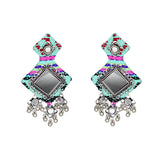 Hastkalakari Handmade Sea-Green Mirror Work Fabric Earrings With Silver Motifs For Women