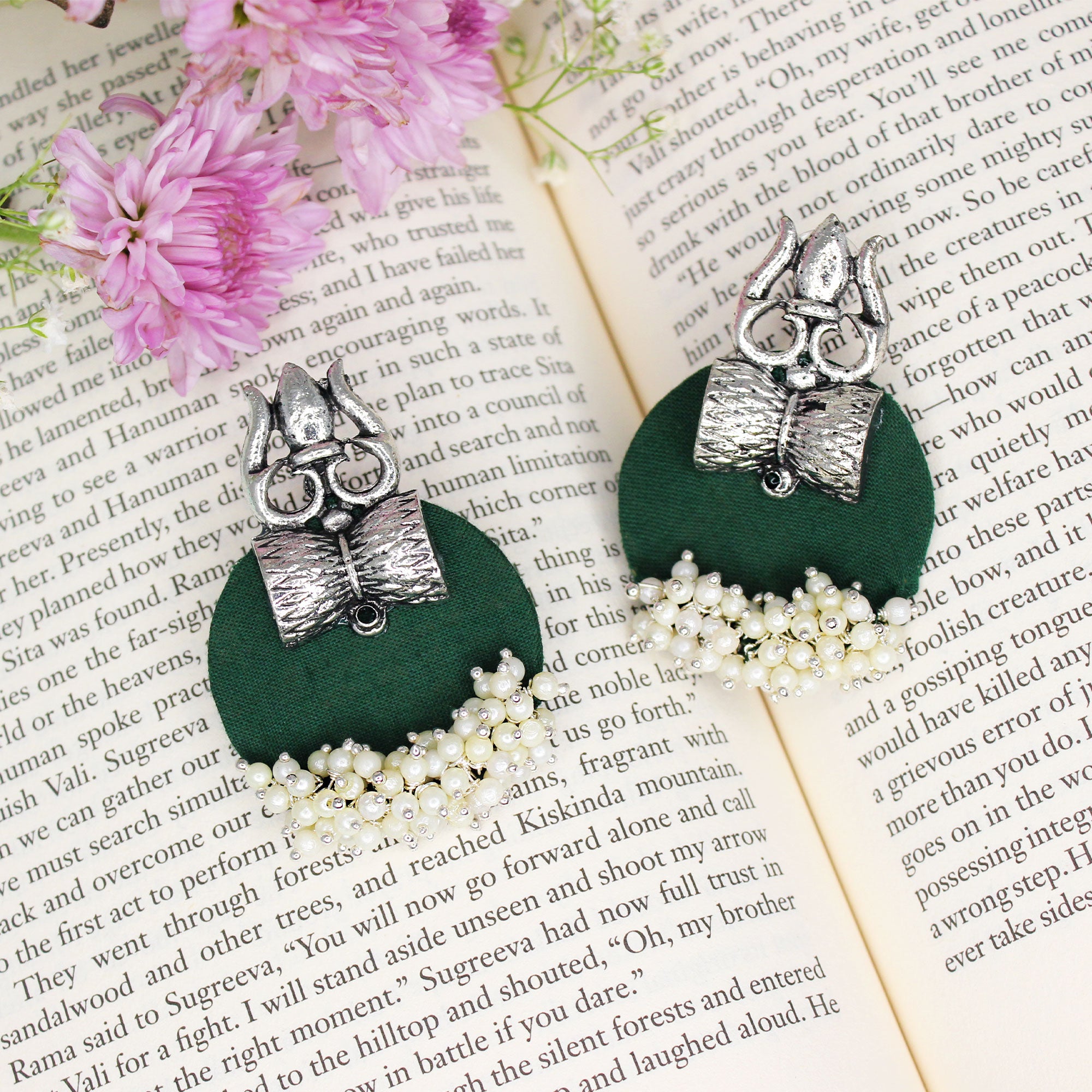 Haskalakari Handmade Silver Trishul Design Green Fabric Earrings With Pearls For Women