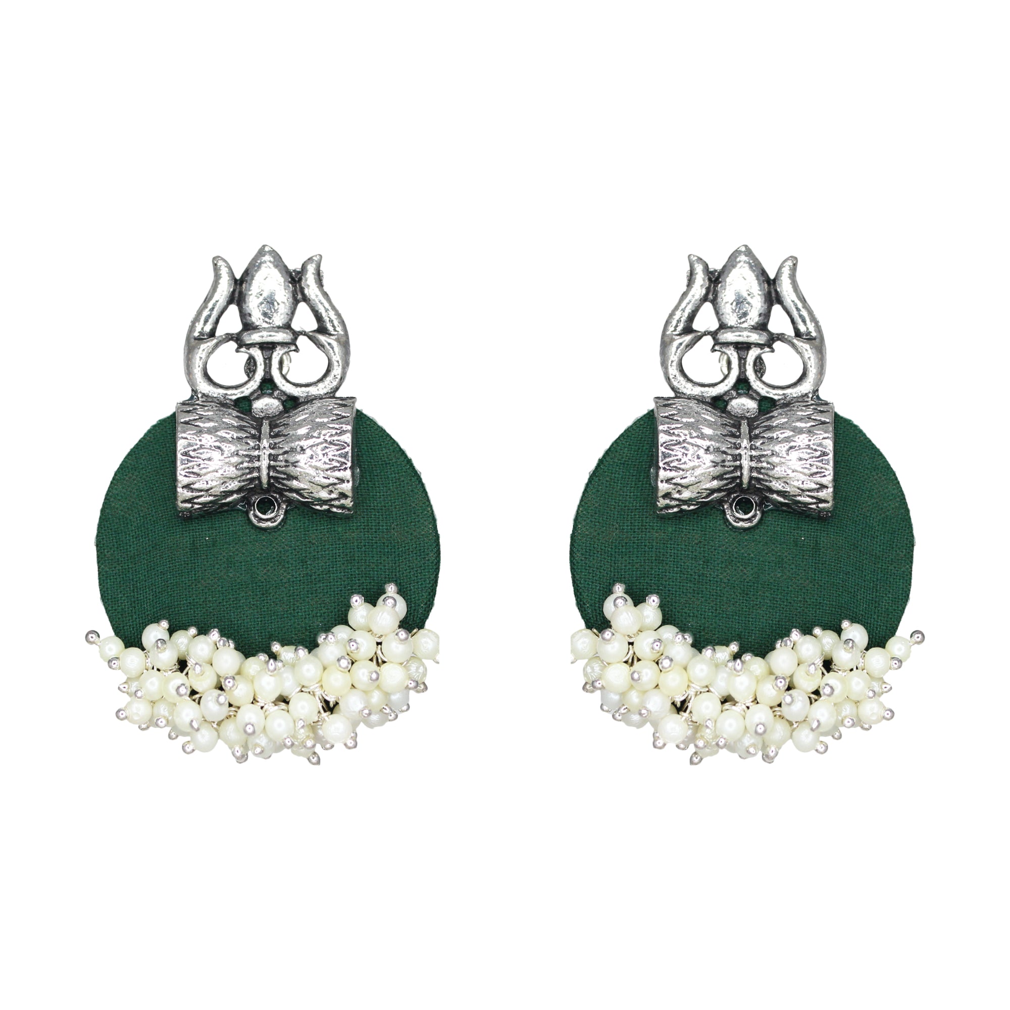 Haskalakari Handmade Silver Trishul Design Green Fabric Earrings With Pearls For Women