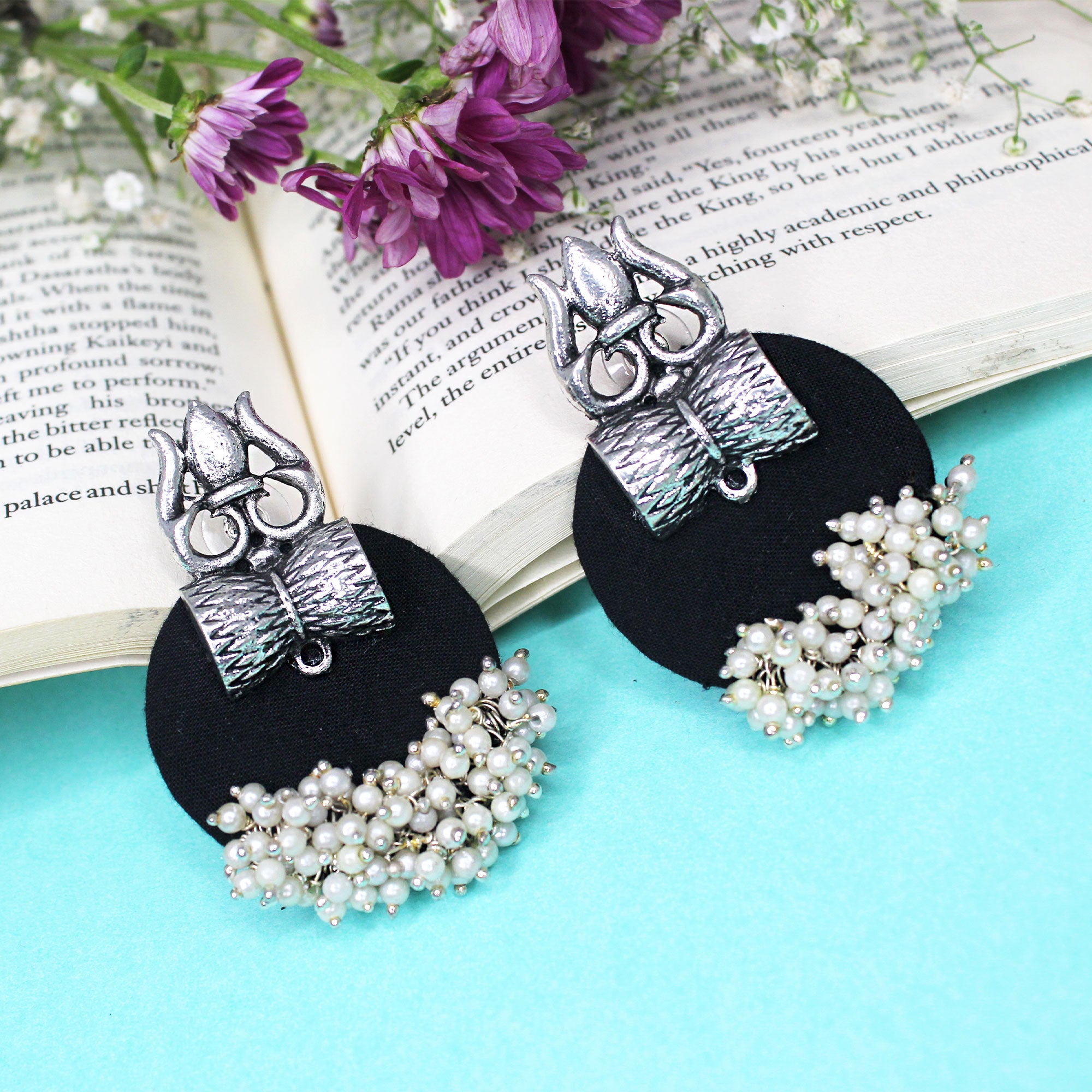 Hastkalakari Handmade Silver Trishul Design Black Fabric Earrings With Pearls For Women