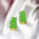 Hastkalakari Handmade Elegant Geometrical Green Fabric Stud Earrings With Antique Golden Coins For Women