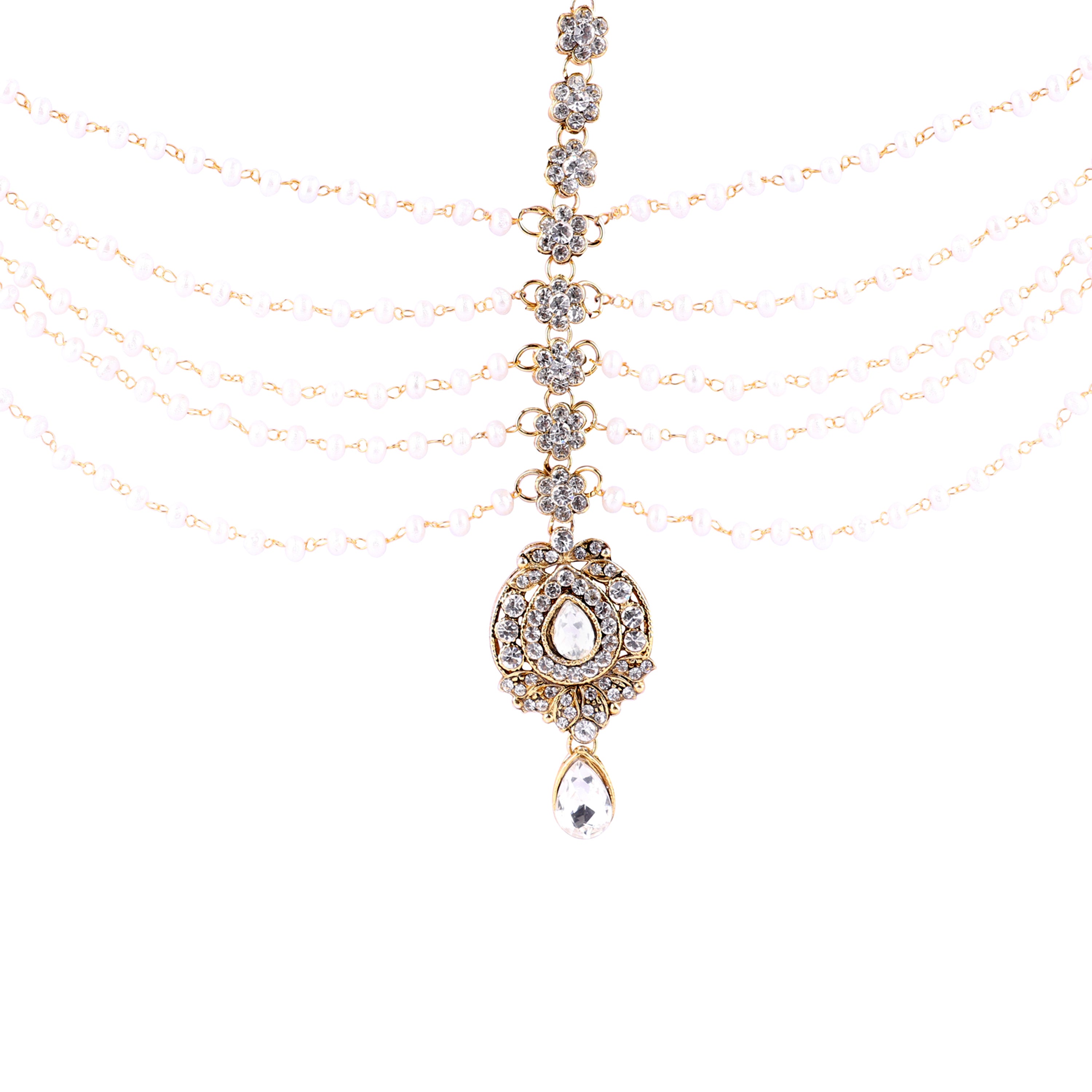 Abhinn Designer Gold Plated Multi Strand Floral Maang Tikka With Pearls and CZ Crystal Stones For Women