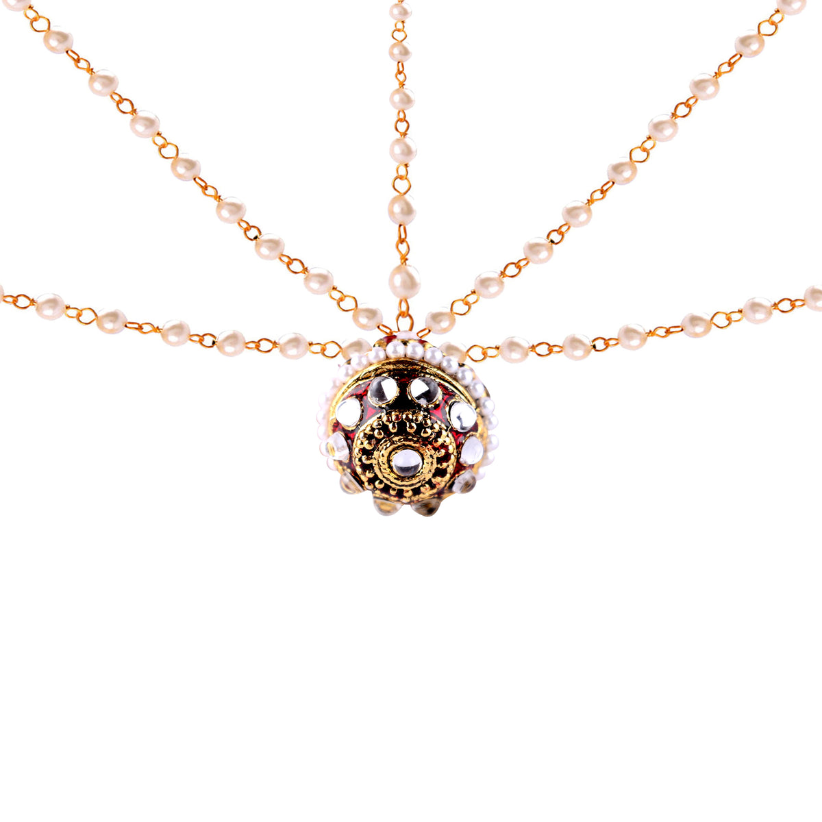Abhinn Rajasthani Gold Plated Double Side Strand Borla Maang Tikka With Pearls For Women