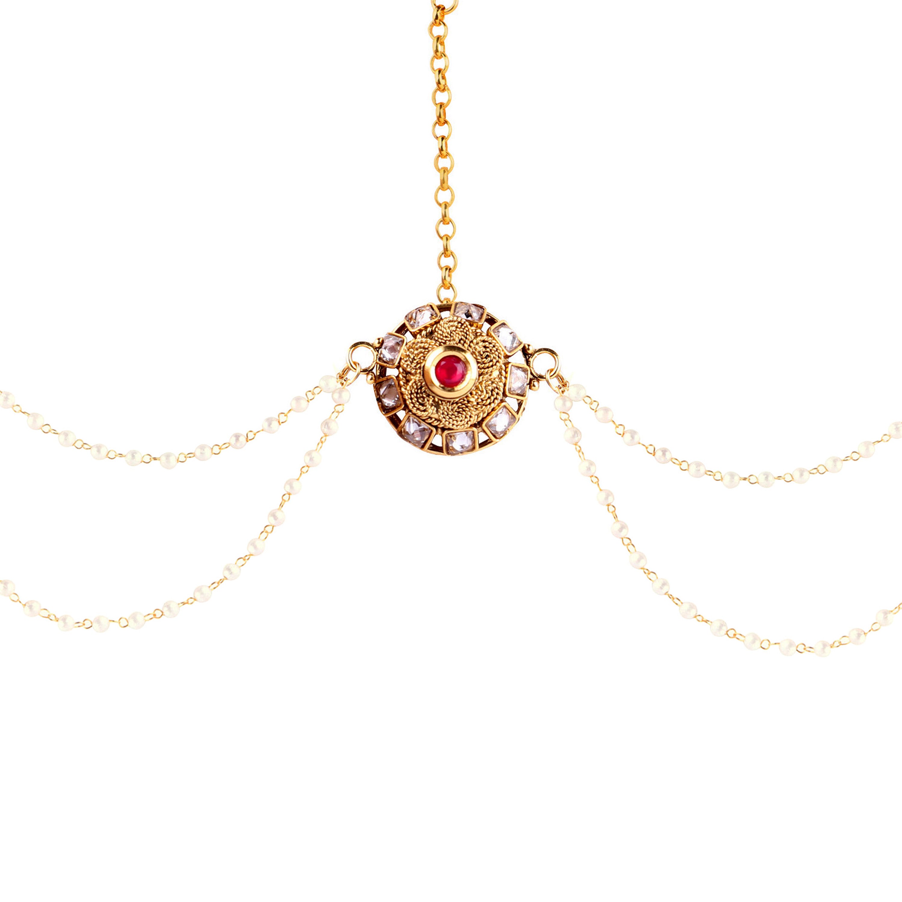 Abhinn Designer Golden Double Side Strand Maang Tikka With Pearl For Women