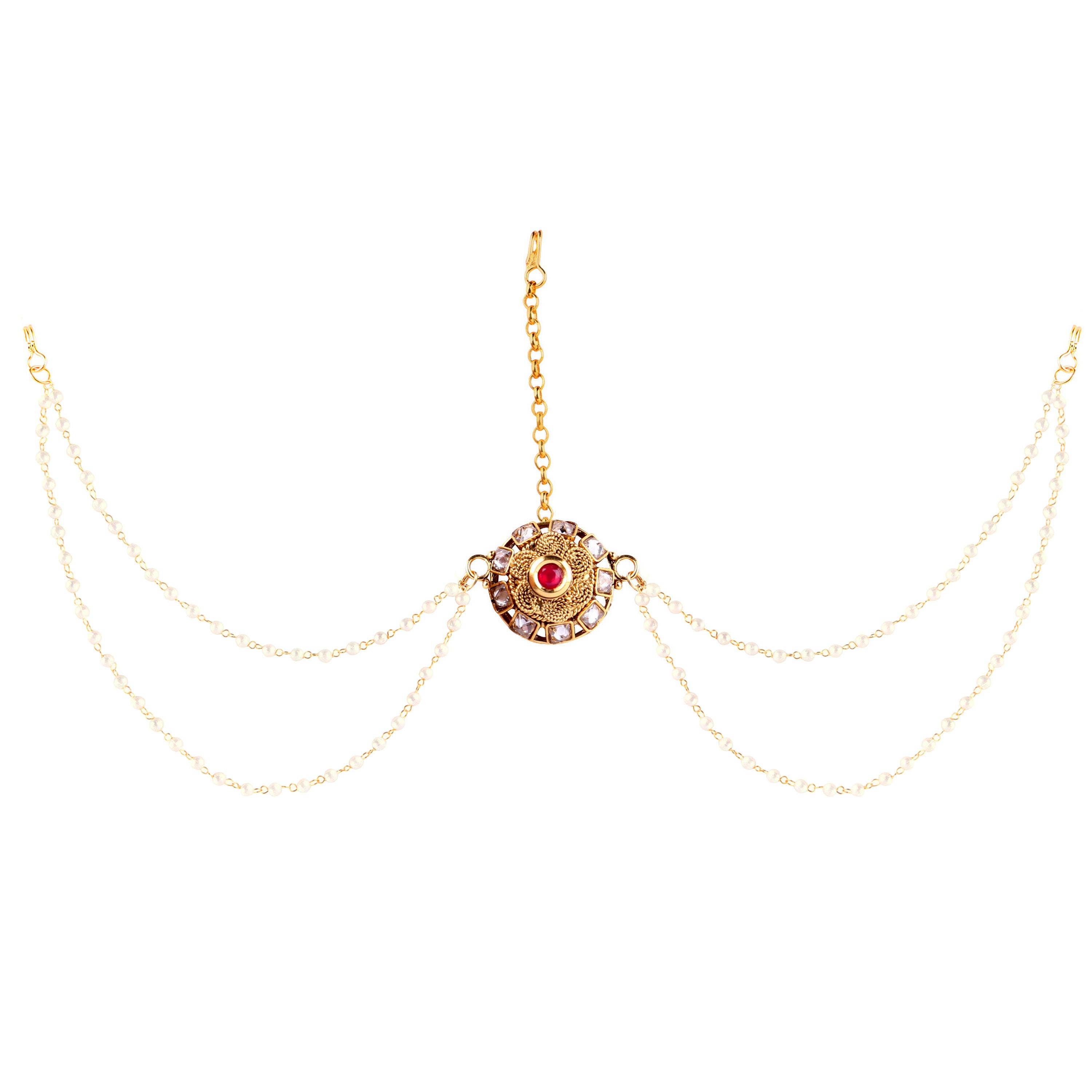 Abhinn Designer Golden Double Side Strand Maang Tikka With Pearl For Women