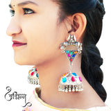 Abhinn Silver Oxidised Shiva Trishul Studs With Multi Colour Jhumka Earrings For Women