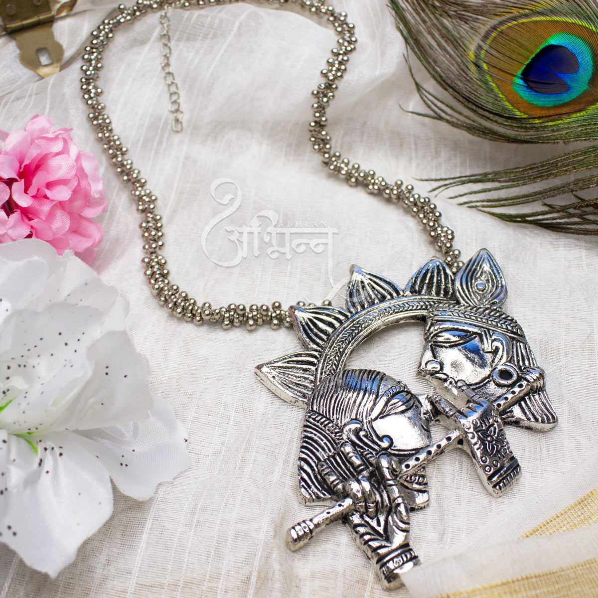 Abhinn Silver Oxidised Ethnic Radha-Krishna Pendant For Women