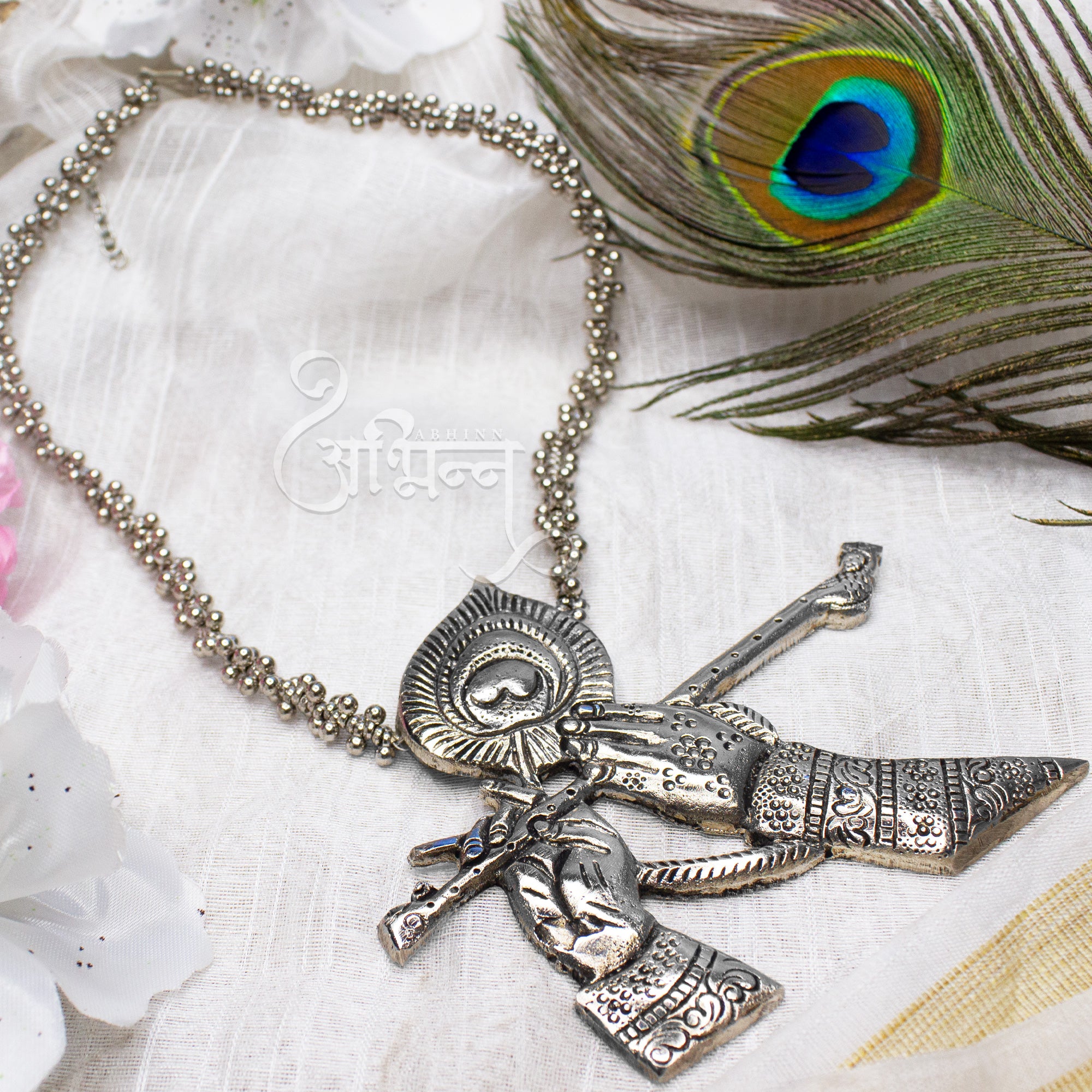 Abhinn Silver Oxidised Ethnic Krishna Flute Design Pendant For Women