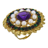 Abhinn Beautiful Floral Leaf Design Pearl Ring with Purple Green Crystal Stones