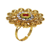 Beautiful Golden Plated Floral Design Ring with Red White Crystal Stones