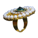 Beautiful Peacock Design Pearl Ring with Green White Crystal Stones
