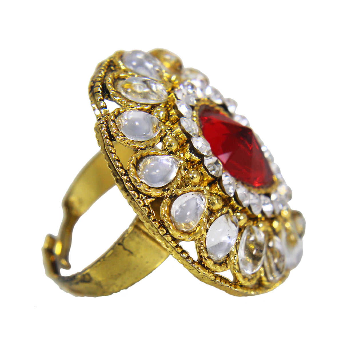 Beautiful Golden Plated Ring with Red White Crystal Stones