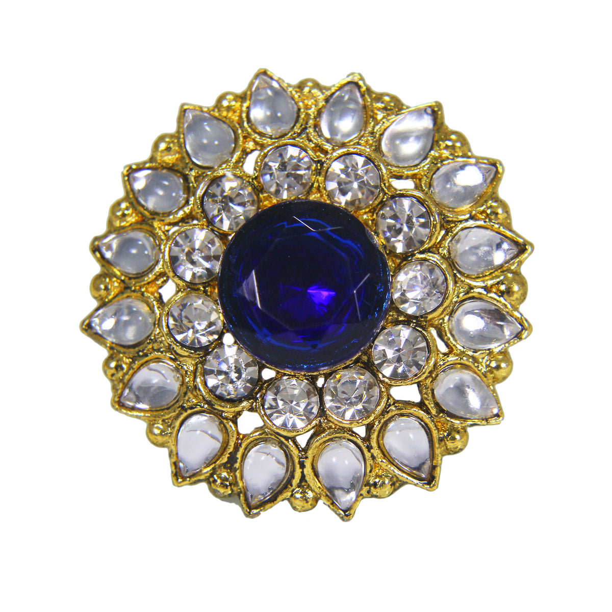 Abhinn Beautiful Royal Golden Plated Round Floral Design Ring with Blue White Crystal Stones