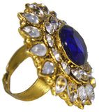 Abhinn Beautiful Royal Golden Plated Round Floral Design Ring with Blue White Crystal Stones