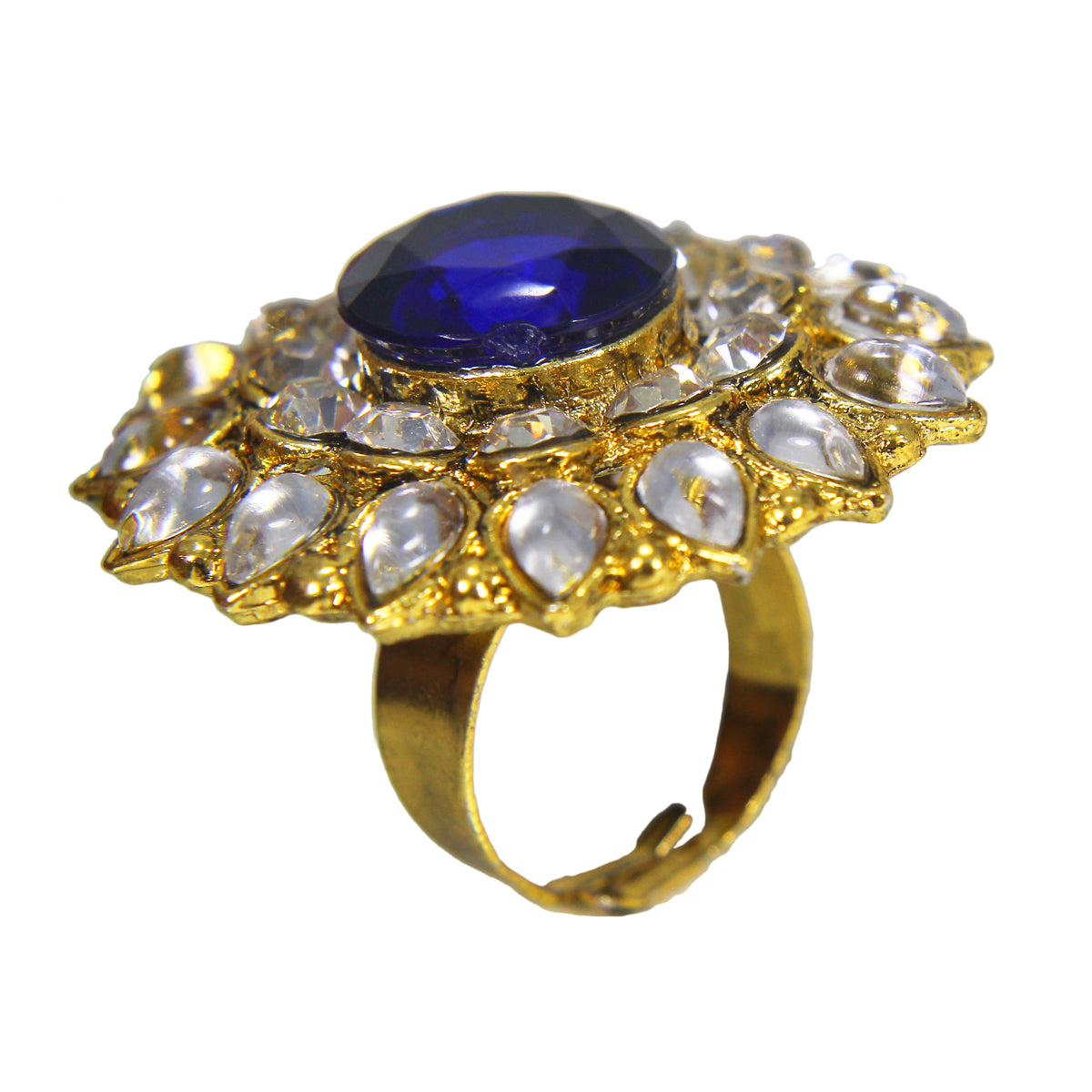 Abhinn Beautiful Royal Golden Plated Round Floral Design Ring with Blue White Crystal Stones
