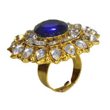 Abhinn Beautiful Royal Golden Plated Round Floral Design Ring with Blue White Crystal Stones