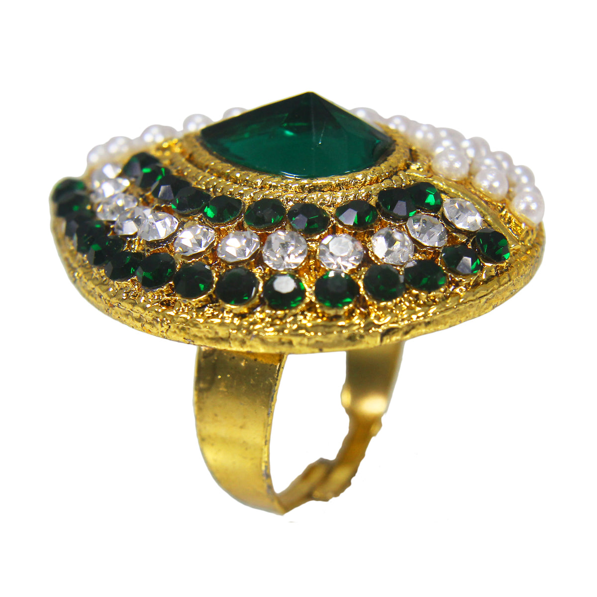 Beautiful Golden Plated Ring with Green White Crystal Stones
